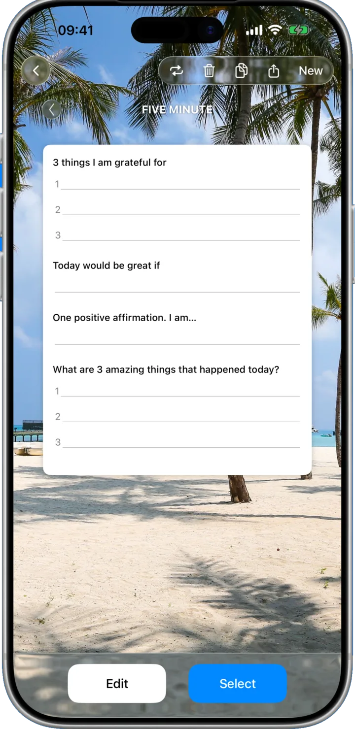 The Five Minute template with gratitude and affirmation prompts