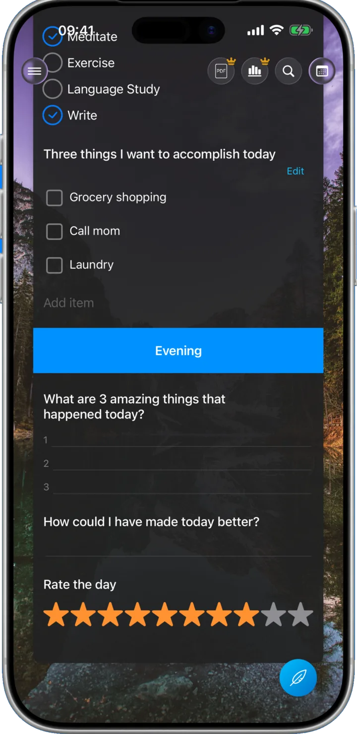 A daily journal entry in Custom Journal showing checklists, prompts, and a day rating