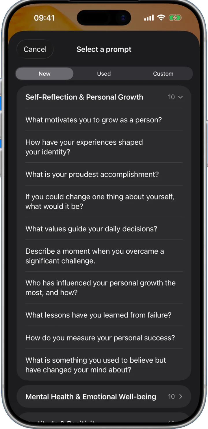 Prompt picker showing categories like Self-Reflection and Personal Growth