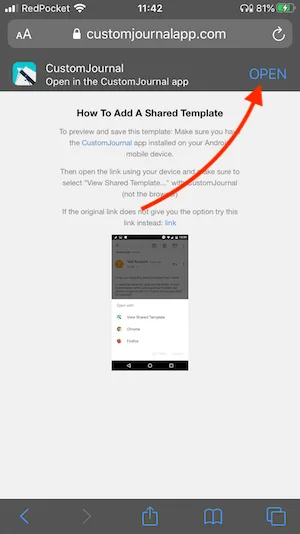 Safari banner on iOS offering to open the shared template in Custom Journal