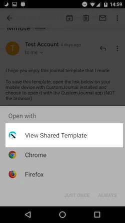 Android dialog for opening the shared template with Custom Journal